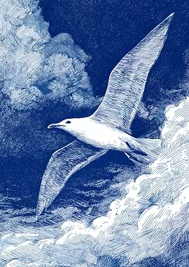 Seagull flying through clouds