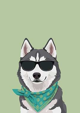 Cool Husky Dog Wearing Sunglasses and Bandana