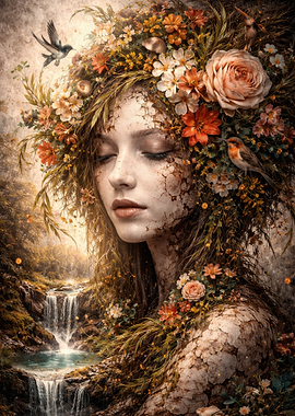 Nature Goddess with Flowers and Waterfall