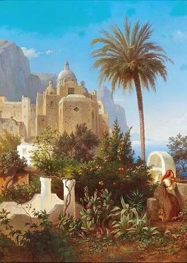 Coastal Italian Town with Woman at Well