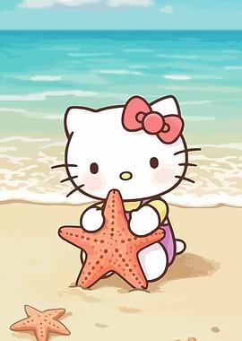 Hello Kitty with Starfish on Beach