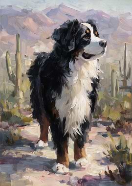 Bernese Mountain Dog in Desert Landscape