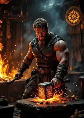 Muscular Blacksmith Forging Hammer