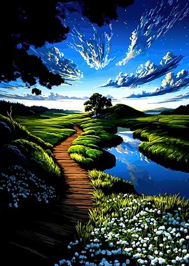 Tranquil Wooden Path Through Lush Green Landscape