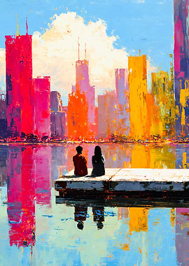 Colorful City Skyline Couple Pier