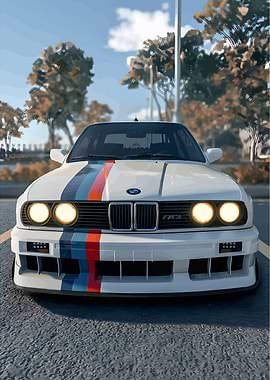 White BMW M3 with racing stripes