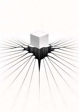 Floating White Cube Above Cracked Geometric Void Surface