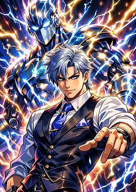 Anime Man and Robot with Lightning