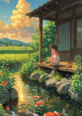 Girl by Koi Pond at Sunset