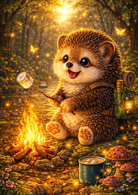 Cute Hedgehog Roasting Marshmallow by Campfire