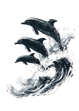Dolphins leaping through waves