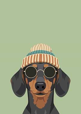 Dachshund Wearing Beanie and Sunglasses