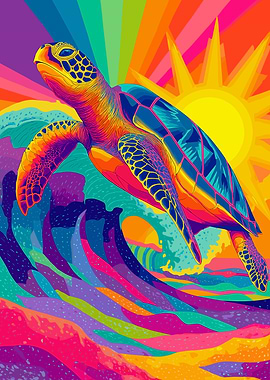 Psychedelic Sea Turtle Riding Waves