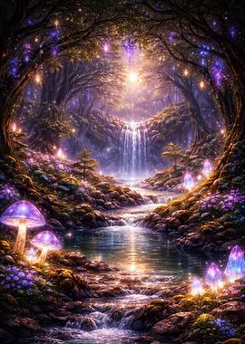 Enchanted Forest Waterfall with Glowing Mushrooms
