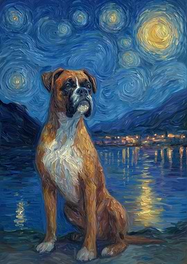 Boxer Dog in Starry Night Style