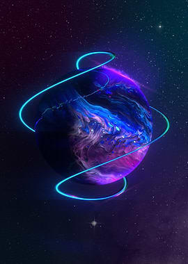 Cosmic Planet with Neon Rings