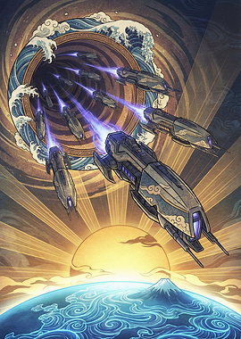 Spaceships entering a portal over Earth