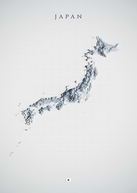 Japan Topographic Map - Light, 3D Shaded Relief Elevation Wall Art