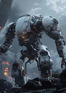 Giant White Robot in Ruined City