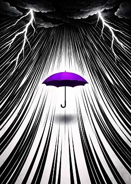 Purple Umbrella Under Lightning Minimal Storm