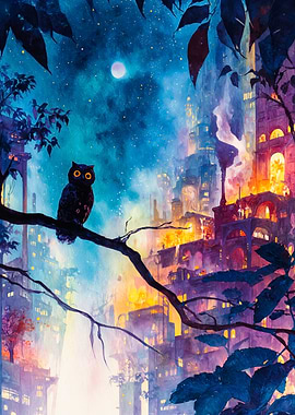Whimsical Owl Over Fantasy Night City