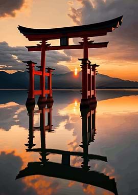 Torii Gate at Sunset Reflection
