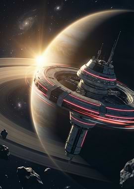 Space Station Orbiting Ringed Planet