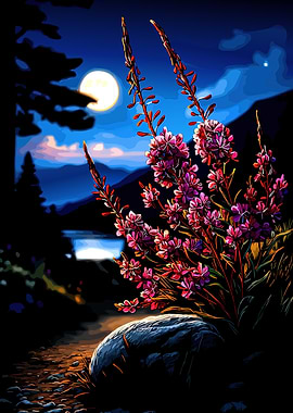Moonlit Night Flowers by Lake