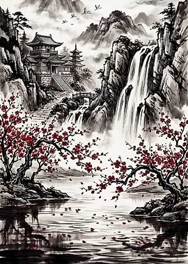 Japanese Waterfall Temple with Cherry Blossoms