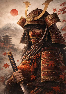 Samurai Warrior with Mount Fuji