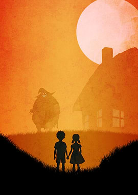 Children facing a monster under the moon