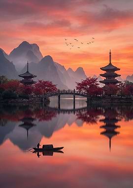 Serene Japanese Pagoda at Sunset