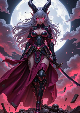 Sexy Anime Devil Girl Under the Moon