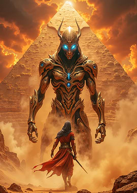 Giant Alien and Human in Desert with Pyramid