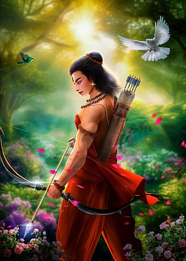 Lord Rama with Bow and Arrow in Forest