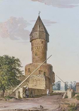 Watercolor painting of a medieval tower