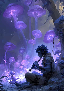 Elf Playing Flute in Mushroom Forest