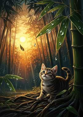 Kitten in a Bamboo Forest During Rain