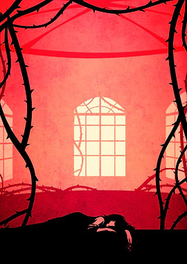 Person lying among thorns with thorny vines