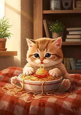 Cute kitten eating spaghetti
