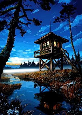 Fire lookout tower at dusk