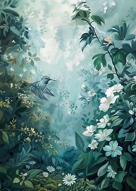 Hummingbird in a Lush Garden