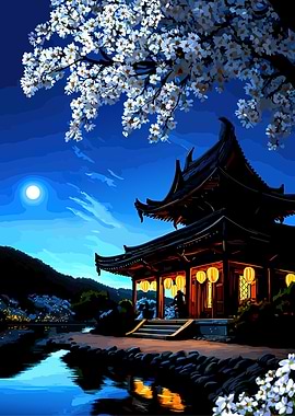 Serene Japanese Pagoda Under Cherry Blossoms