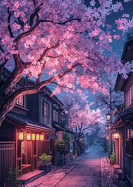 Cherry Blossom Street at Dusk