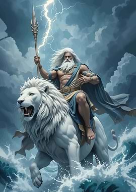 Zeus Riding a Lion Through Stormy Seas