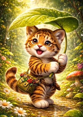 Cute Tiger Kitten with Leaf Umbrella