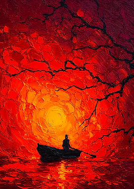 Rowing Boat Red Sunset Painting