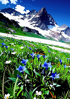 Alpine Meadow with Blue Flowers and Snow-Capped Mountains