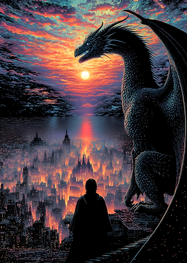 Dragon Overlooking a City at Sunset