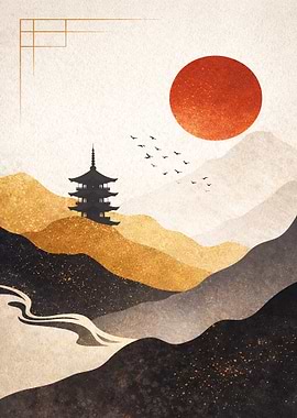 Japanese Pagoda Landscape with Sun